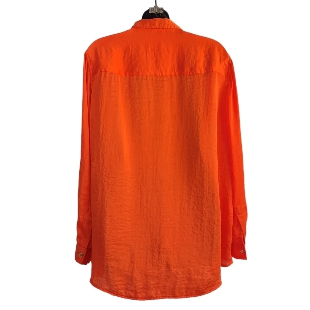 Michael Kors Women's Orange Roll-up Tan Sleeve Button Up Shirt Sz OX